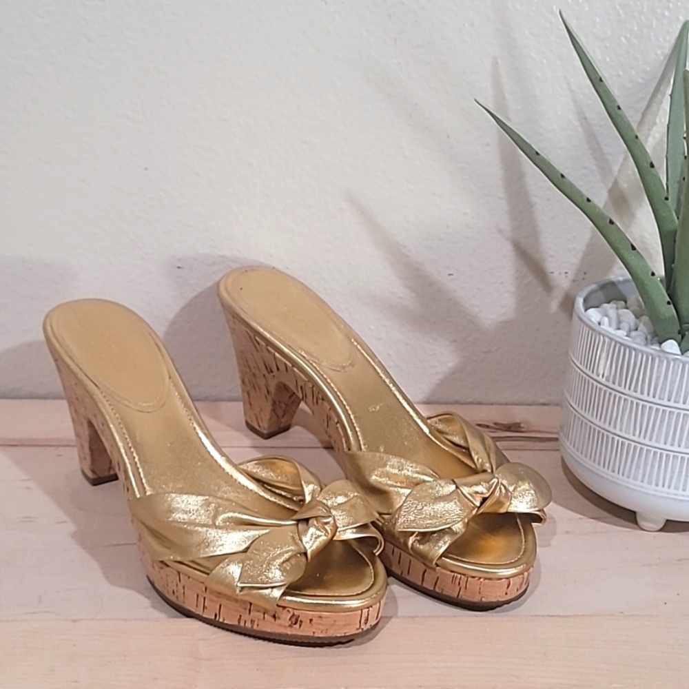 Coach Gold Platform Sandals with Bow Detail